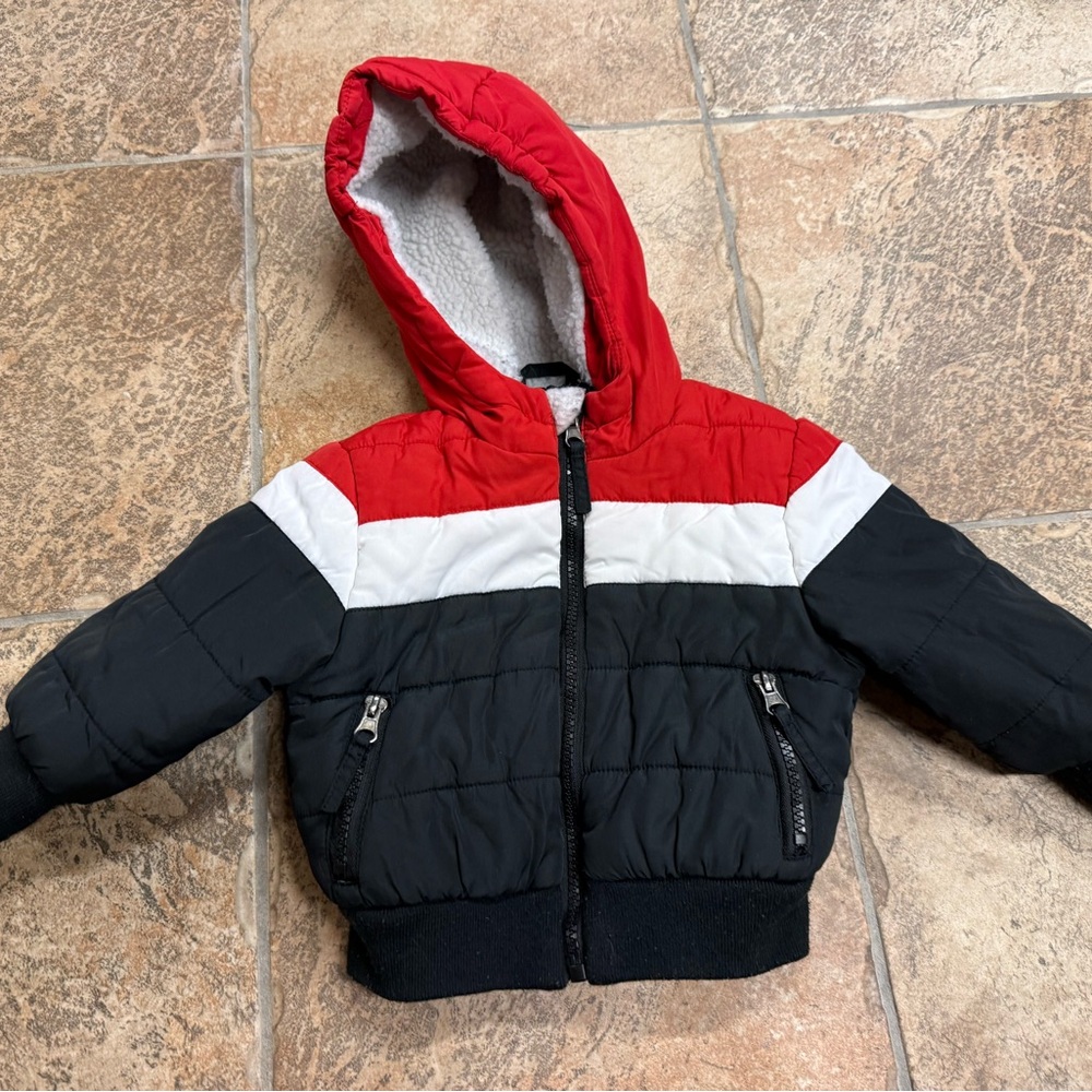 Rothschild Kids Red Black White Colorblock Hooded Puffer Jacket 12 Months‎